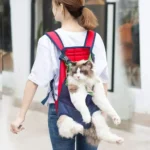 Femme décontractée avec un chat heureux dans un porte-chat innovant en milieu urbain.