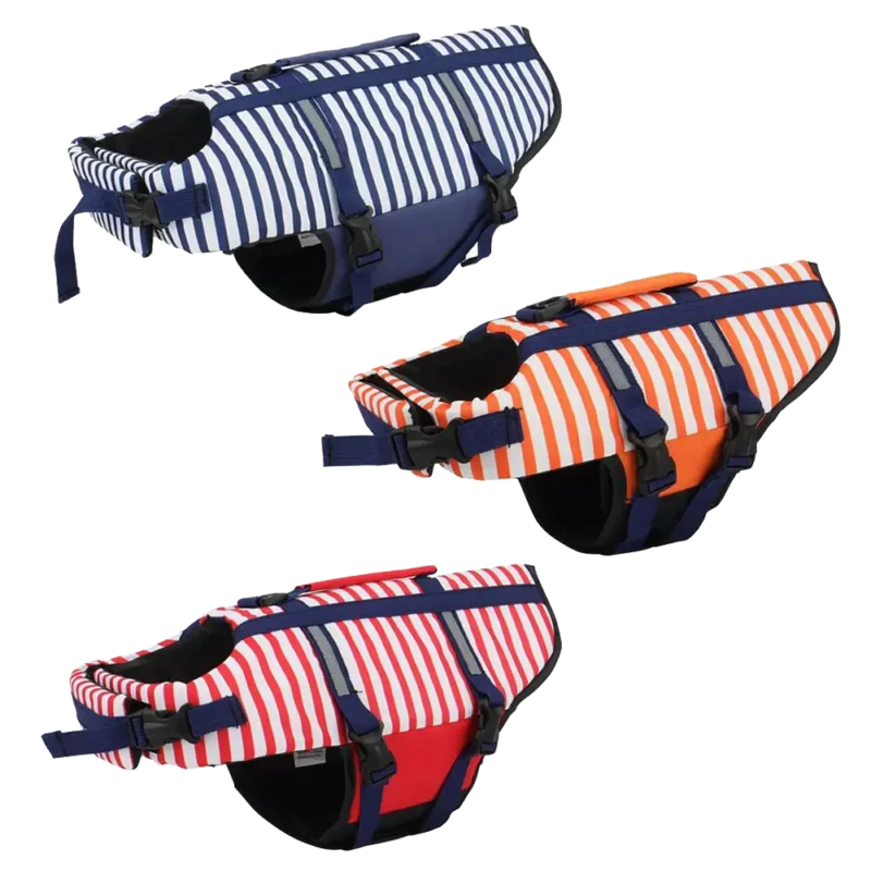 Gilets de sauvetage colorés pour chiens, sûrs et confortables pour les activités aquatiques.