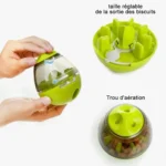 Jouet alimentaire pour animaux avec dosage ajustable et design engageant en vert transparent.