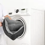 Lave-linge moderne nettoyant un lit pour animal domestique, alliant technologie et praticité.