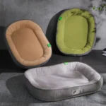 Sélection de lits confortables pour animaux : tan, vert et gris, styles oval et rectangulaire.