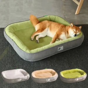 Lit pour chien confortable avec un Shiba Inu endormi et des couleurs attrayantes.