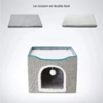 Maison confortable pour petits animaux avec coussins réversibles et design moderne.