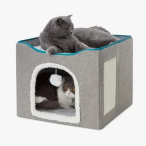 Maison pour chats grise et turquoise, confortable et ludique, idéale pour le repos et le jeu.