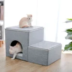 Mobilier moderne pour chats : cabane grise et aire de jeux élégante pour félins.