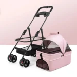 Poussette moderne noire avec landau rose, alliant style et praticité pour les nouveaux parents.