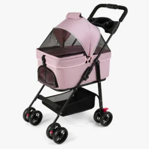 Poussette pour petits animaux en rose, confortable et pratique pour des sorties en toute sécurité.