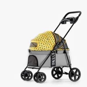 Poussette moderne noire avec canopy jaune, compacte et pratique pour les sorties en famille.