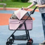 Promenade joyeuse avec un animal dans une poussette rose au parc.