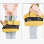 Sac de transport jaune pour animaux avec corgi curieux, pratique et stylé.