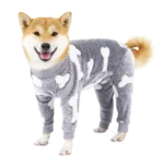 Shiba Inu joyeux en onesie gris, élégant et amusant, parfait pour les amoureux des chiens.