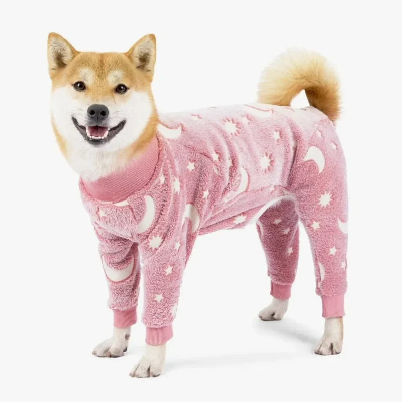 Shiba Inu en pyjama rose, mignon et heureux, prêt pour des câlins.