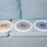 Tapis circulaires sur un canapé bleu, un décor minimaliste et apaisant pour un salon élégant.