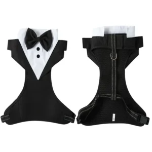 Harnais pour chien en forme de tuxedo noir et blanc avec nœud papillon élégant.