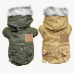 Veste chien élégante et fonctionnelle en olive et beige, idéale pour lhiver.