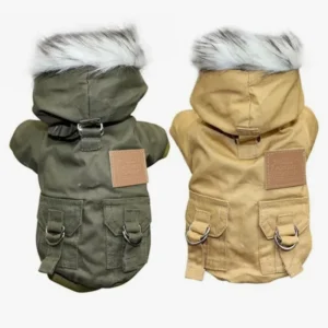 Veste chien élégante et fonctionnelle en olive et beige, idéale pour lhiver.