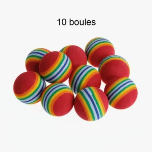 Dix boules rouges avec rayures arc-en-ciel, idéales pour le jeu et lapprentissage.