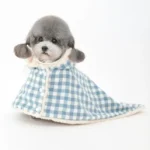 Chien adorable en manteau gingham bleu, style charmant et confortable, fond blanc.