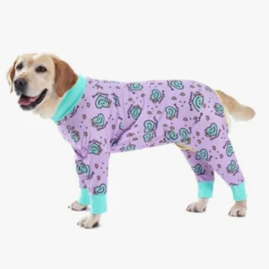 Chien Labrador heureux en pyjama lavande coloré, charmant et joueur.