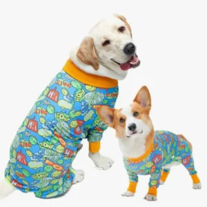 Chiens adorables en pyjamas colorés, joyeux et complices dans un moment amusant.