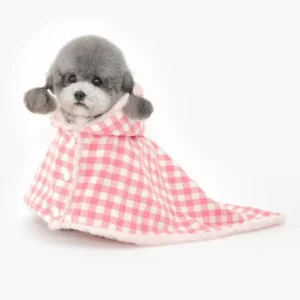 Chien mignon en manteau rose, adorable et fluffy, avec un regard joueur.