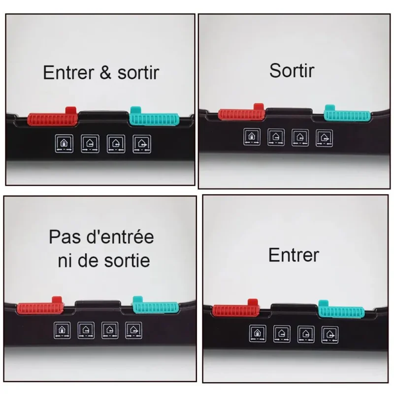 Instructions daccès : entrée, sortie, interdit, et signalisation colorée.