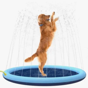 Golden retriever joyeux sautant dans une piscine bleue avec éclaboussures deau.