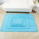 Tapis turquoise superposés sur un sol en bois, avec un canapé blanc moderne.