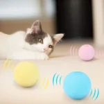 Un chat curieux joue avec des balles colorées sur un fond doux et accueillant.