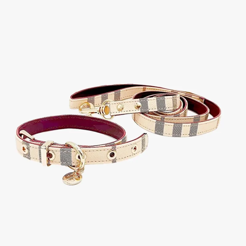 Collier et laisse chic beige et bourgogne pour animaux, alliant style et confort.