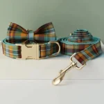 Accessoire pour chien élégant : collier et laisse à motifs plaid bleu, orange et brun.