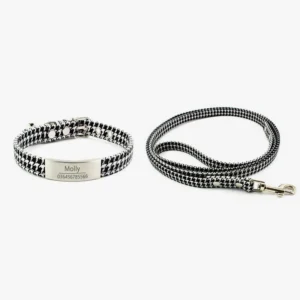 Collier et laisse houndstooth noir et blanc personnalisés pour chien, élégants et pratiques.