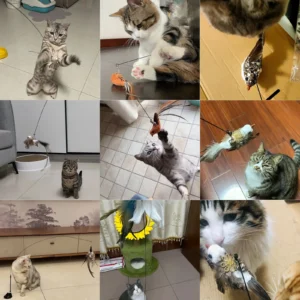 Collage de chats jouant joyeusement, alternant moments de jeu actif et de détente.