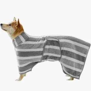 Shiba Inu heureux dans une serviette stylée grise et blanche, alliant confort et élégance.