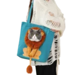 Sac tote turquoise ludique avec lion-chat, un accessoire amusant pour les amoureux des animaux.