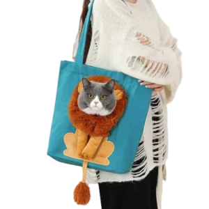 Sac tote turquoise ludique avec lion-chat, un accessoire amusant pour les amoureux des animaux.