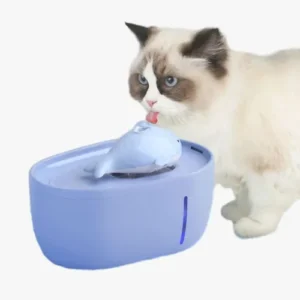 Un chat blanc curieux interagit avec une fontaine bleue en forme de baleine.