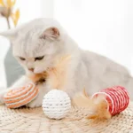 Un chat curieux joue avec des jouets colorés sous une douce lumière naturelle.