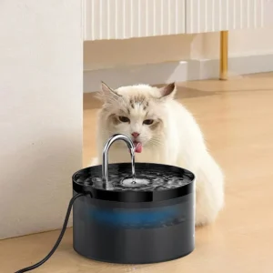 Fontaine deau moderne pour chat blanc curieux, design attrayant et fonctionnel, hydratation garantie.