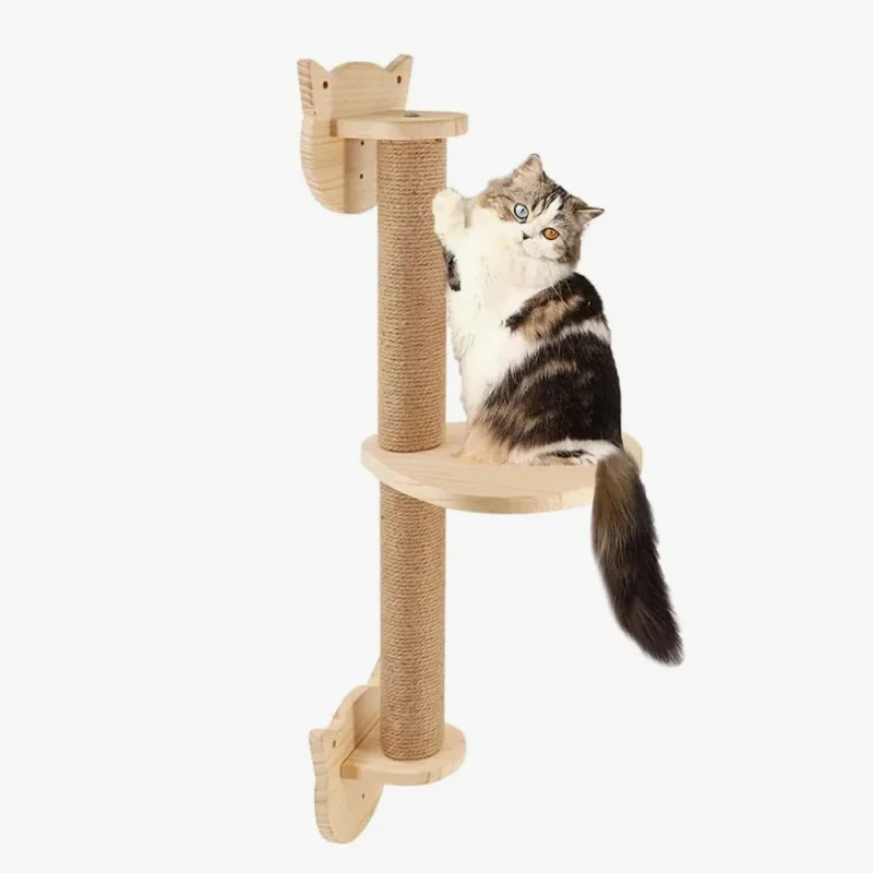 Arbre à chat moderne en bois avec sisal, idéal pour un chat joueur et curieux.