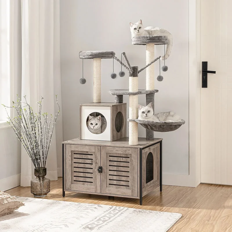 Arbre à chat moderne gris avec plateformes et espaces de repos pour plusieurs félins.