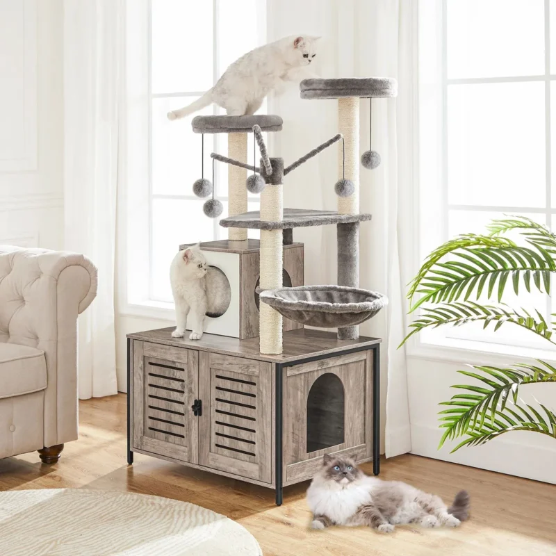 Arbre à chat multi-niveaux moderne et rustique pour un intérieur chaleureux et accueillant.