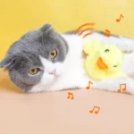 Un chat curieux joue avec un canard en peluche sur un fond jaune joyeux.