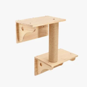 Arbre à chat mural en bois naturel, design minimaliste et fonctionnel pour petits espaces.