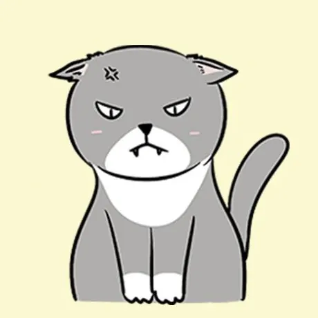 Chat cartoon grumpy en gris avec une expression mécontente, fond jaune.