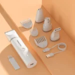 Kit de grooming moderne blanc avec accessoires et chargeur USB, élégant et pratique.