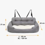 Lit pour animal gris confortable avec sangles ajustables, idéal pour voyage et détente.