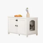 Meuble blanc avec niche pour animal et décor floral, idéal pour un intérieur moderne.