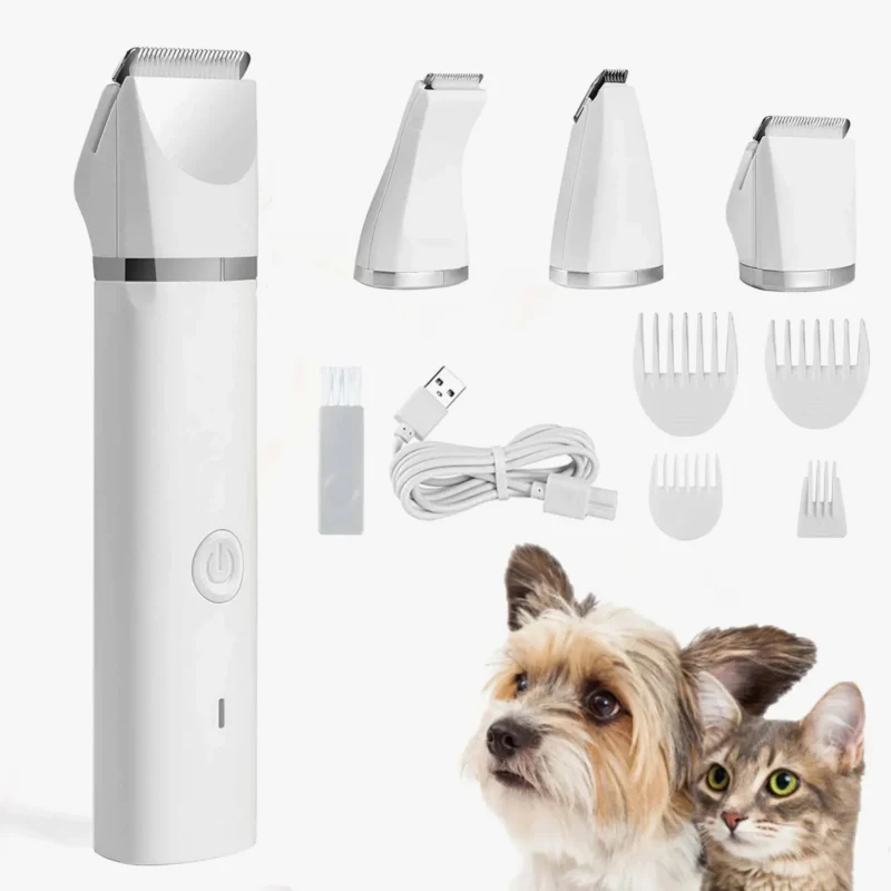 Outil de toilettage rechargeable pour chiens et chats, avec accessoires interchangeables et pratiques.