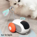 Jouet interactif pour chat avec robot, roue orange et plume colorée sur tapis doux.